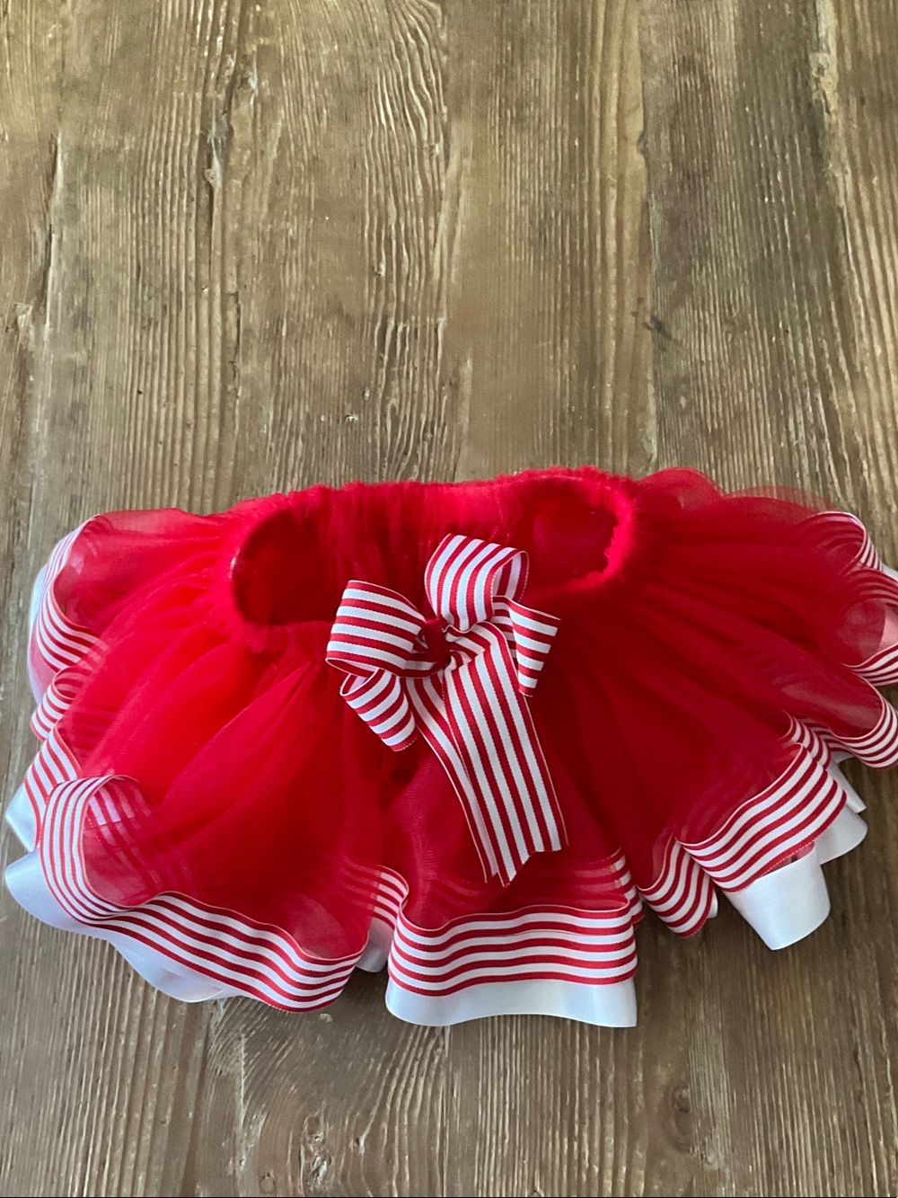 Bright Red Layered Tulle Skirt with Striped Bow Trim